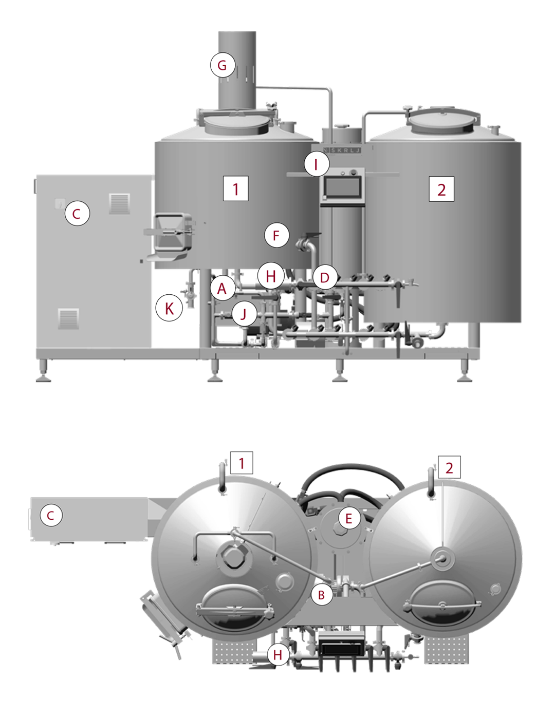 side and top views of the Compact Brewhouse Mini 500L / 5 BBL