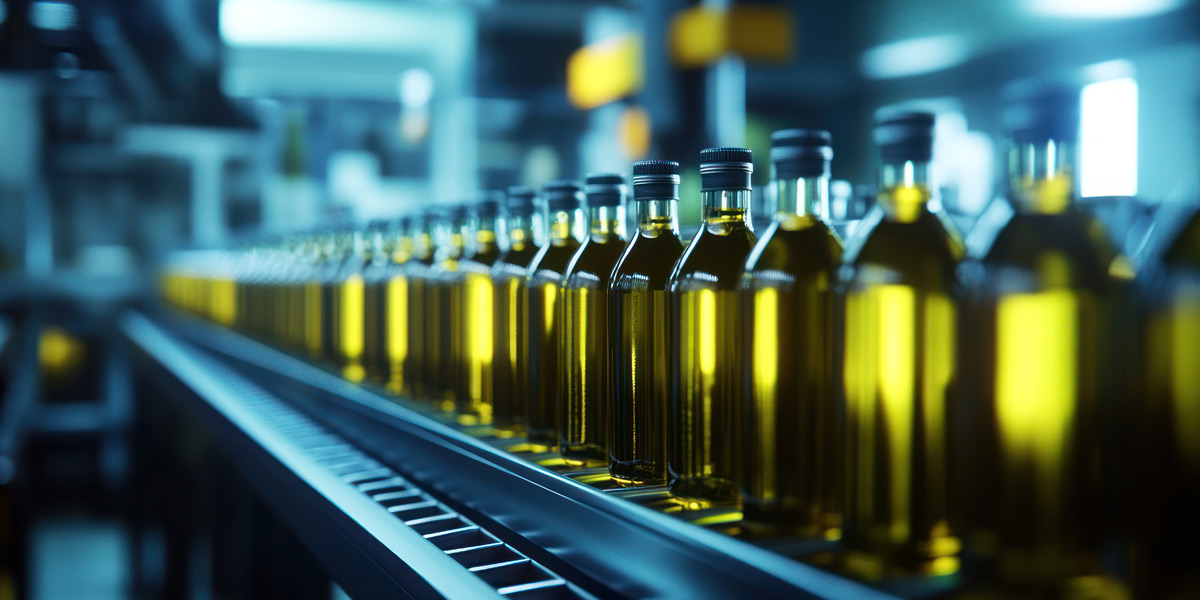 background image of olive oil bottles on a production line